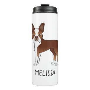 Roter und weißer Boston-Terrier-Cartoon-Hund & Nam Thermosbecher