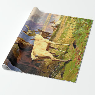 Roter und weißer Hirsch nahe einem Waldteich - Dek Geschenkpapier