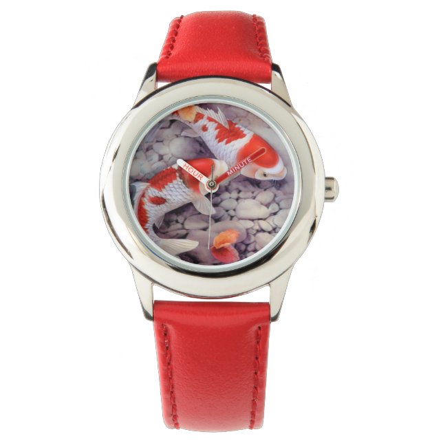 Roter und weißer Koi-Fischteich Armbanduhr (Vorderseite)