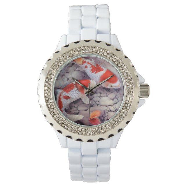 Roter und weißer Koi-Fischteich Armbanduhr (Vorderseite)