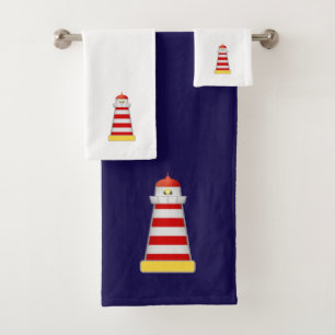 Roter und Weißer Leuchtturm auf Marineblau und Wei Badhandtuch Set