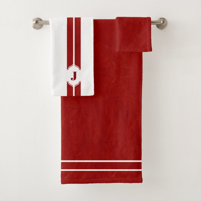 Roter und weißer Monogramm-Streifen Badhandtuch Set (Insitu)