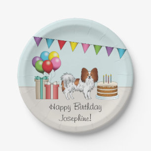 Roter und weißer Papillon-Hund Bunter Geburtstag Pappteller