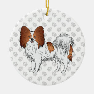Roter und weißer Papillon-Hund mit Pfoten Keramik Ornament