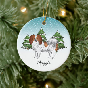 Roter und weißer Phalène süßer Hund Winterwald Keramik Ornament