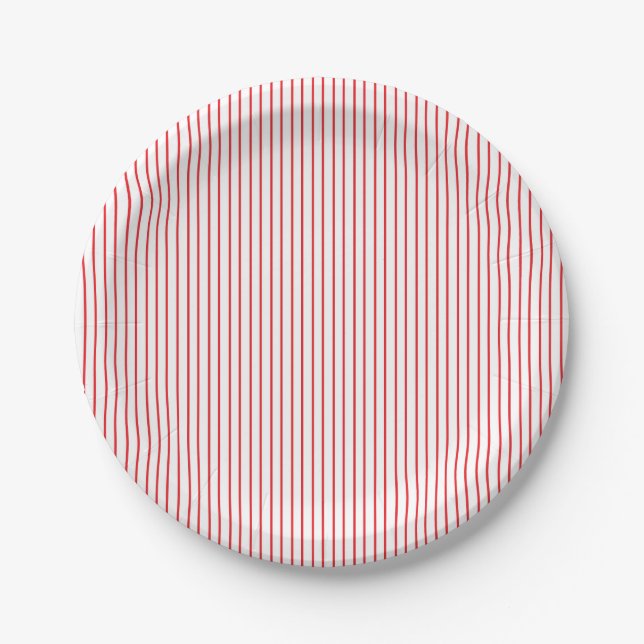 Roter und weißer Pinstripe-Papier-Teller Pappteller (Vorderseite)