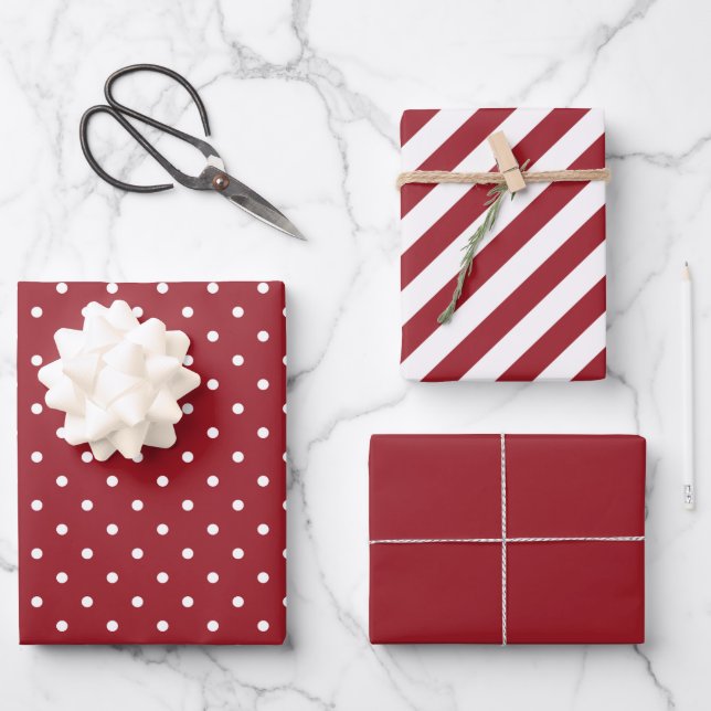 Roter und weißer Polka Dot und gestreifte Weihnach Geschenkpapier Set (Vorderseite)