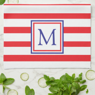 Roter und weißer Streifen mit Navy Blue Monogram Geschirrtuch