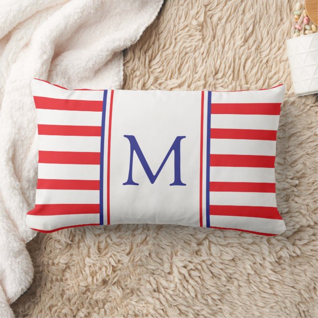 Roter und weißer Streifen mit Navy Blue Monogram Lendenkissen (Decke)
