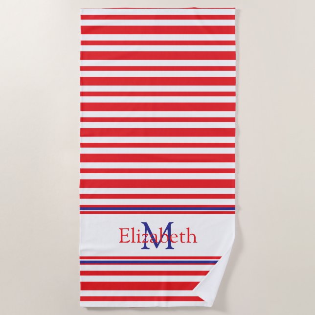 Roter und weißer Streifen mit Navy Blue Monogram Strandtuch (Vorderseite)