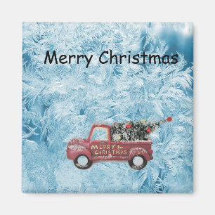 Roter Vintage-LKW auf blauem Schneeflocken-Hinterg Magnet