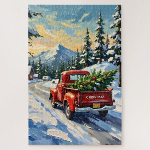 Roter Vintage-LKW mit Weihnachtsbaum