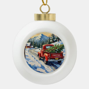 Roter Vintage-LKW mit Weihnachtsbaum Keramik Kugel-Ornament