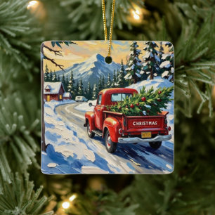 Roter Vintage-LKW mit Weihnachtsbaum Keramikornament