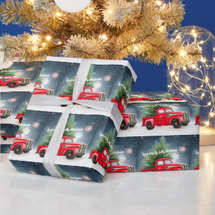 Roter Vintage-LKW und Baum individuell für Feierta Geschenkpapier