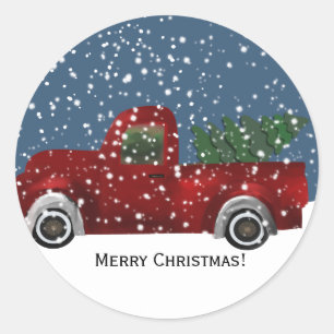 Roter vintage Retro-LKW und Weihnachtsbaum Runder Aufkleber