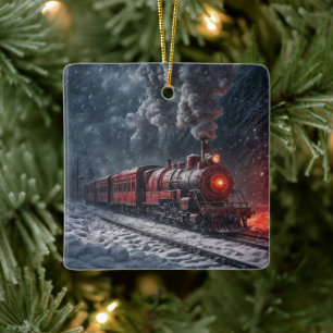 Roter Vintage-Schneezug Keramikornament