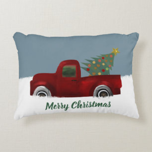 Roter Vintager Retro LKW-und Weihnachtsbaum Dekokissen