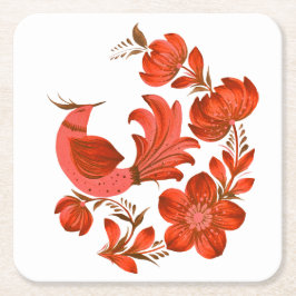 Roter Vogel & Florale Volkskunst-Unterlage Rechteckiger Pappuntersetzer