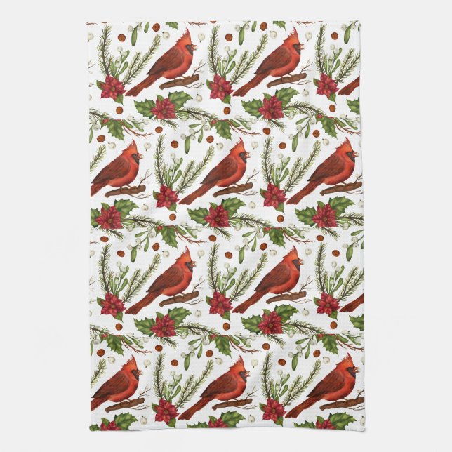 Roter Vogel, heilige Blätter, Poinsettia, Kiefer Geschirrtuch (Vertikal)