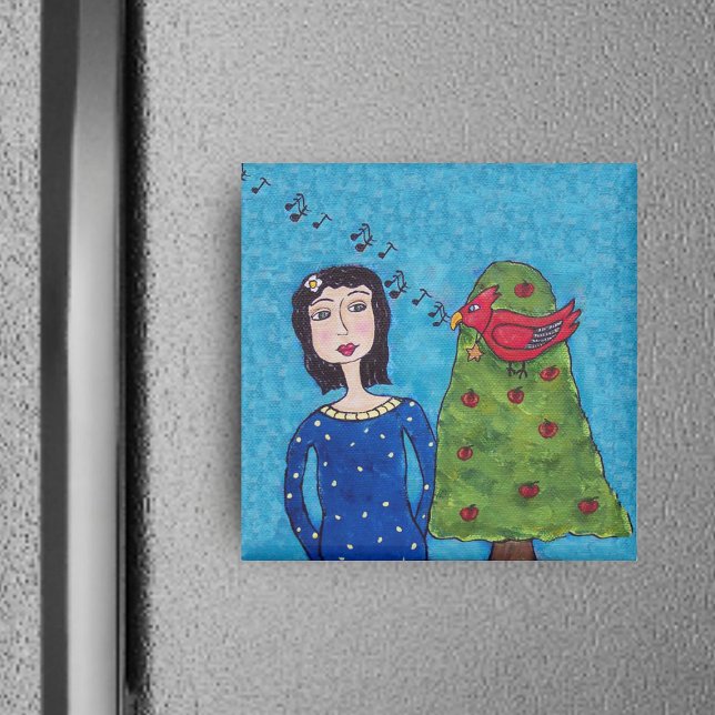 Roter Vogel im Apfelbaum Kunst-Magnet Magnet (Folk art lady beside apple tree with singing red bird on blue square magnet.)