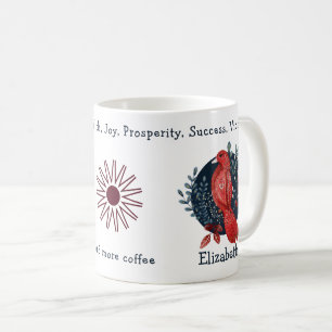 Roter Vogel im blauen Hintergrund. Einzigartig und Kaffeetasse