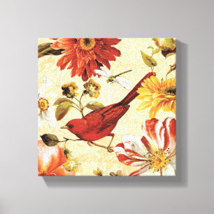 Roter Vogel in einem Blumen-Garten Leinwanddruck
