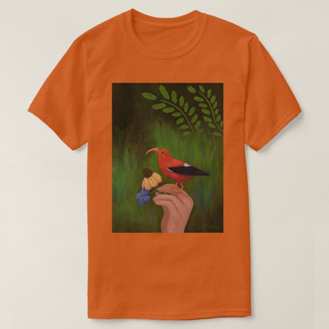Roter Vogel und Blume auf Nymph Hand Iiwi Hawaiian T-Shirt (Design vorne)