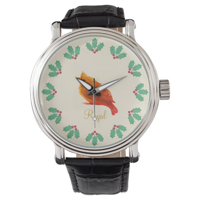 Roter Vogel und Holly Berries Armbanduhr (Vorderseite)