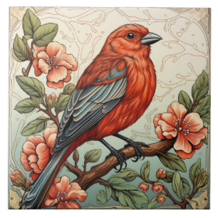 Roter Vogel und Pfirsichblüten im Jugendstil Fliese