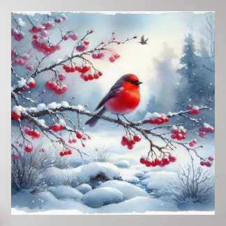Roter Vogel und Winterlandschaft 2 Poster