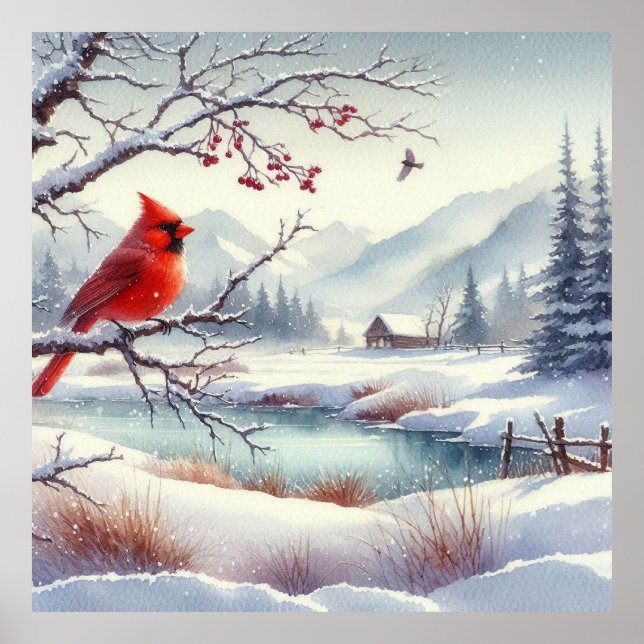 Roter Vogel und Winterlandschaft 3 Poster (Vorne)