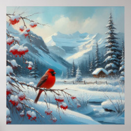 Roter Vogel und Winterlandschaft 7 Poster