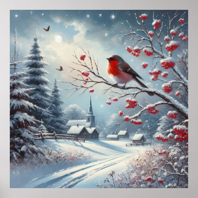 Roter Vogel und Winterlandschaft Poster (Vorne)