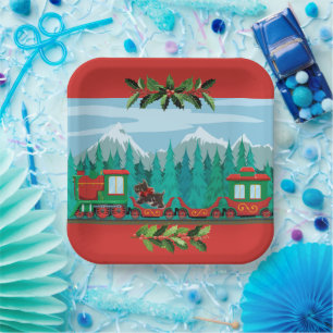 Roter Weihnachtlicher Zug Pappteller