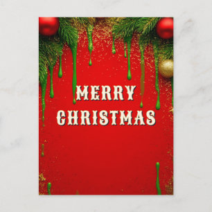 Roter Weihnachts-Evergreen-Zweig und goldenes Orna Postkarte