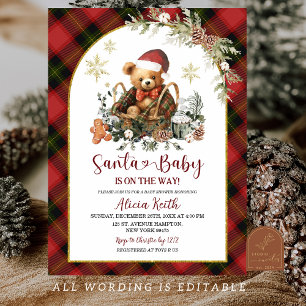 Roter Weihnachts-Tartan-Schutz Santa-Bär-Baby-Part Einladung