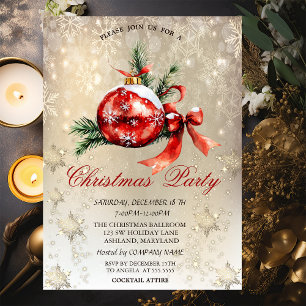 Roter Weihnachtsball-Schneeflocken-Party Einladung