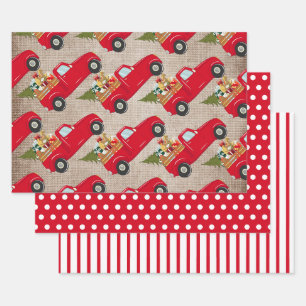 Roter Weihnachtsbaum-LKW-Bast-Polka-Punkte-Streife Geschenkpapier Set