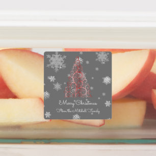 Roter Weihnachtsbaum und Schneeflocken Baking Labe Etiketten