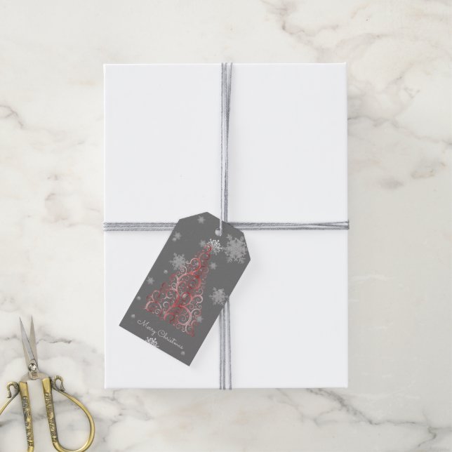 Roter Weihnachtsbaum und Schneeflocken - Geschenk- Geschenkanhänger (Mit Garn)
