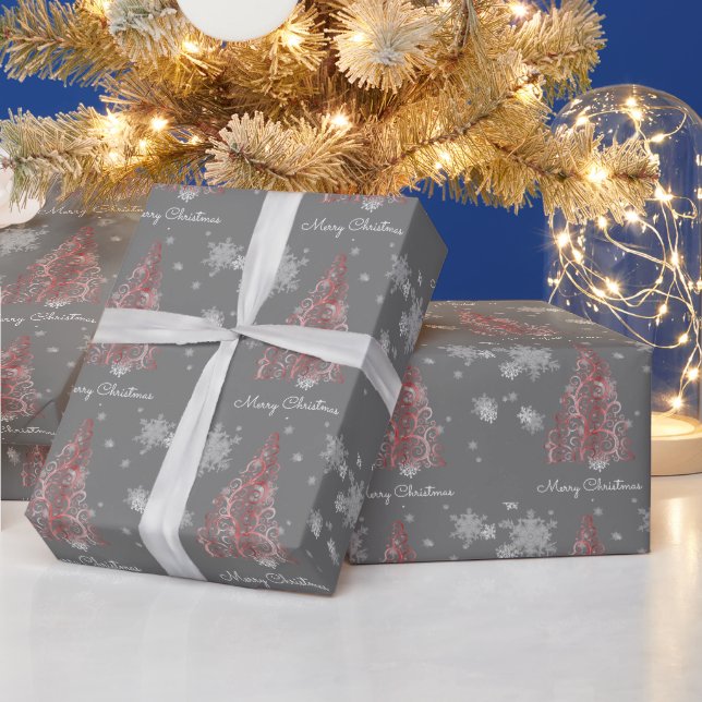 Roter Weihnachtsbaum und Schneeflocken Geschenkpapier (Feiertage)