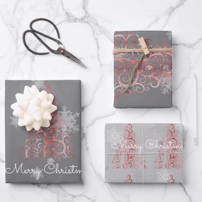 Roter Weihnachtsbaum und Schneeflocken Geschenkpapier Set (Vorderseite)