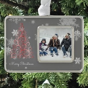 Roter Weihnachtsbaum und Schneeflocken Rahmen-Ornament Silber