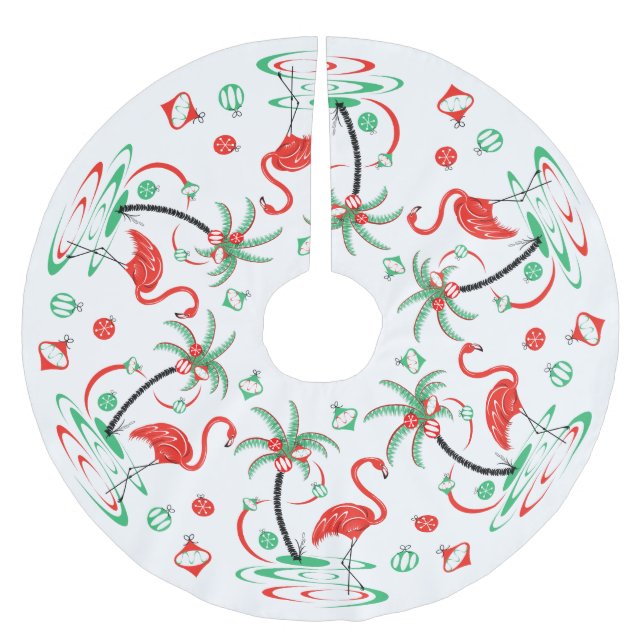Roter Weihnachtsflamingo-Flitterbaumrock Polyester Weihnachtsbaumdecke (Vorderseite)
