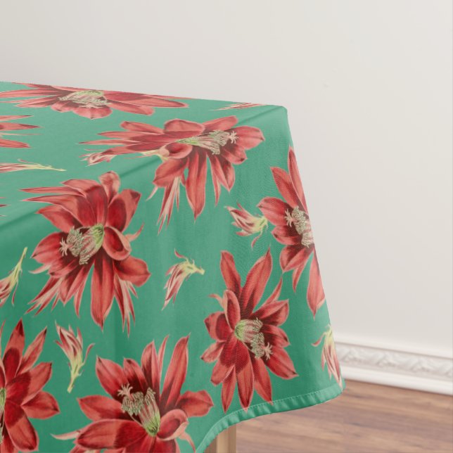 Roter Weihnachtskaktus Blume auf grünem Muster Tischdecke (Beispiel)