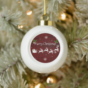 Roter Weihnachtsmann - Schlitten und Rentier Keramik Kugel-Ornament