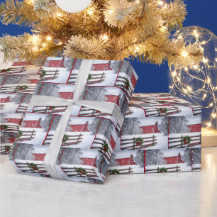 Roter Weihnachtsstall im Schnee Geschenkpapier