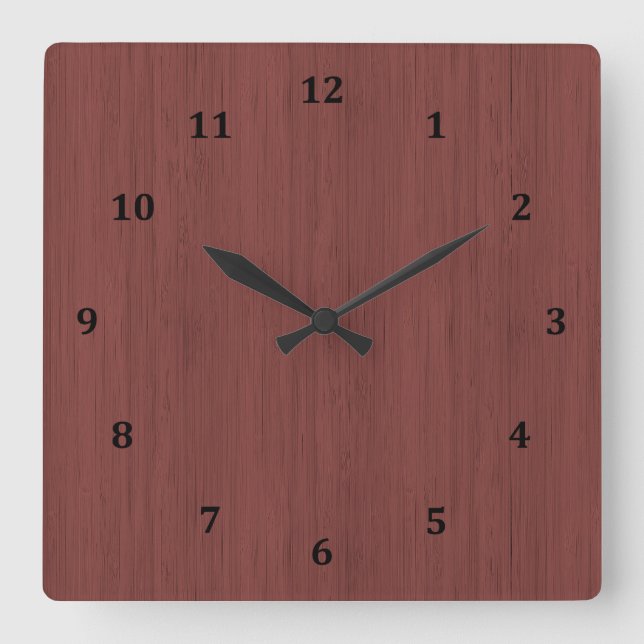 Roter Wein Bamboo Holz Grain Look Quadratische Wanduhr (Vorderseite)