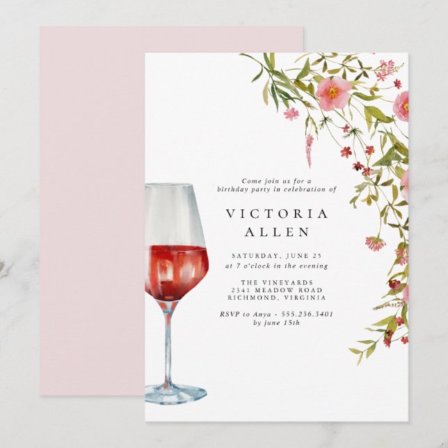Roter Wein | Eleganter rosa, florale Frauen zum Ge Einladung (Vorne/Hinten)